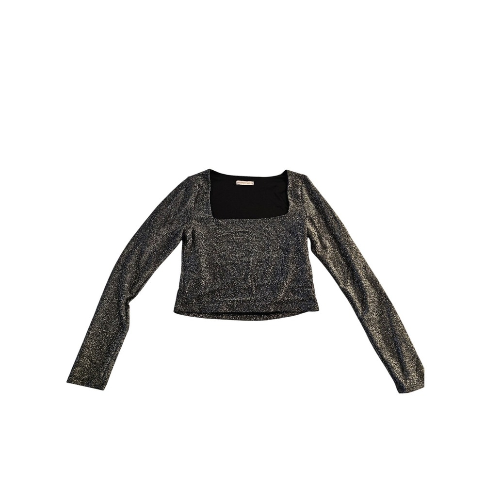 Sincerely Jules Black Silver Metallic Glitter Long Sleeve Crop Top T58459 Size M